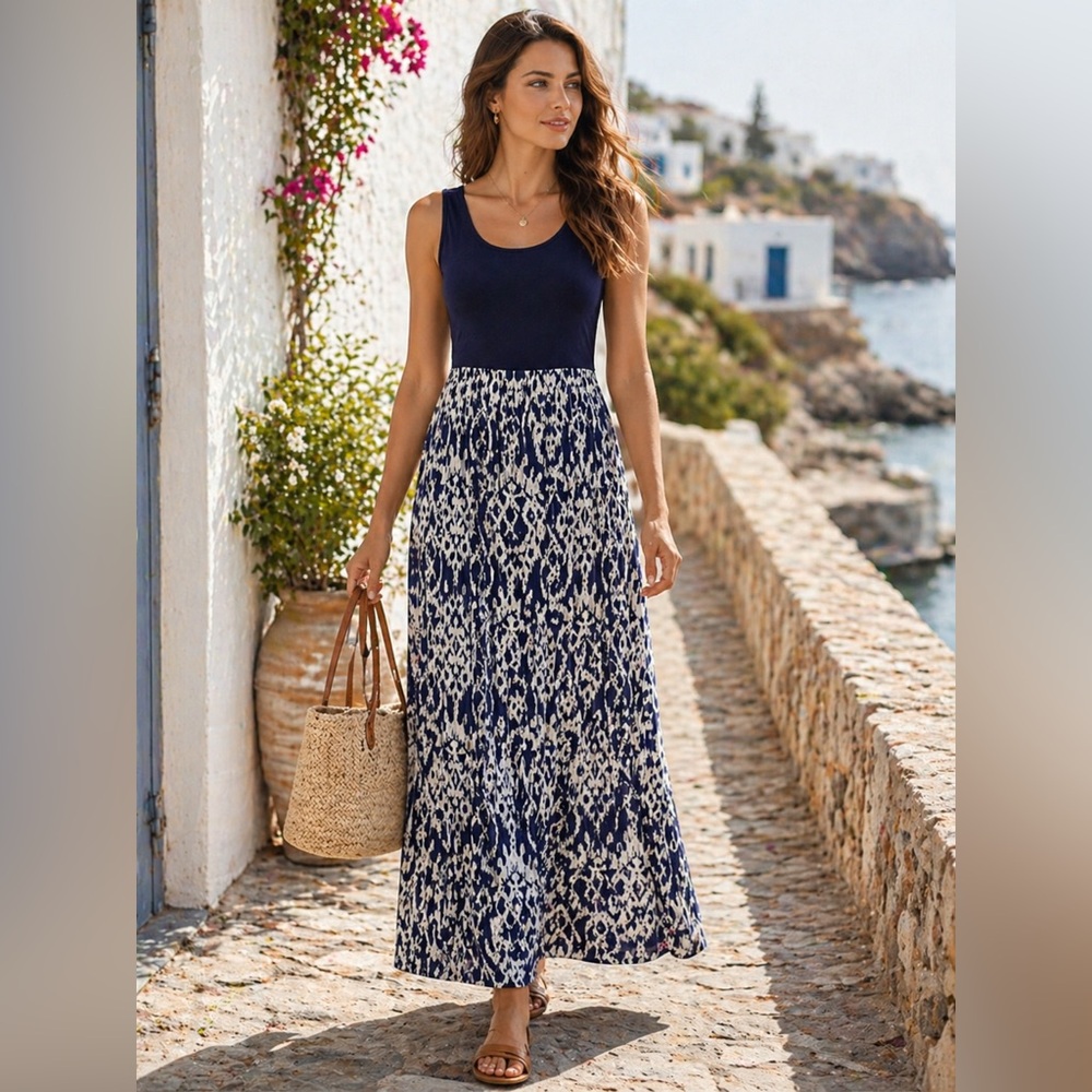 Navy White Maxi Dress M Rayon Sleeveless Flowy